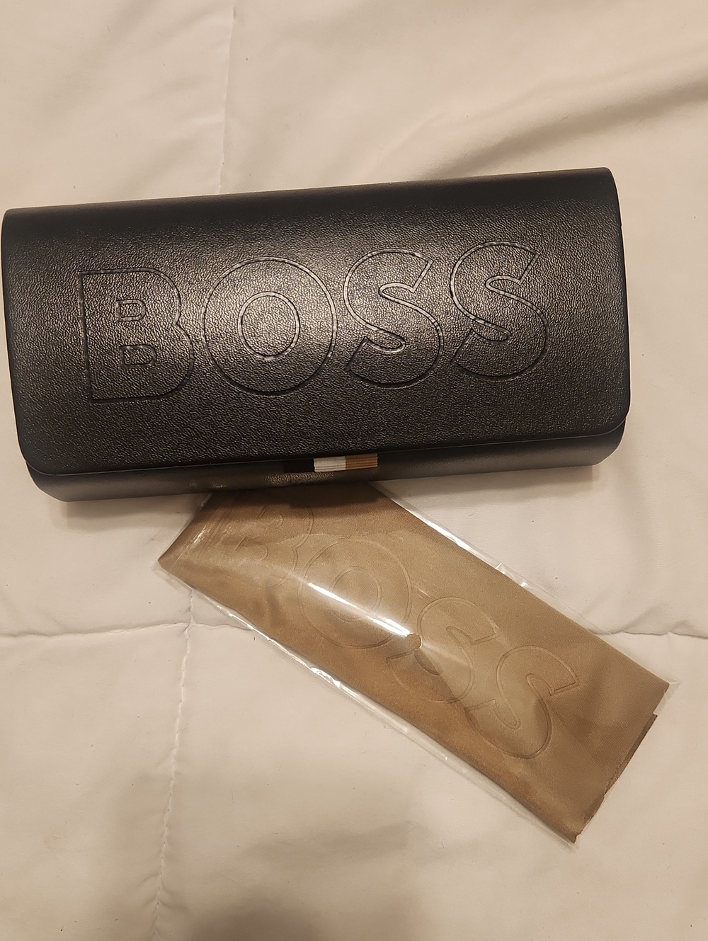 Boss Black Embossed Leather Sunglasses Case with Tan Cleaning Pouch